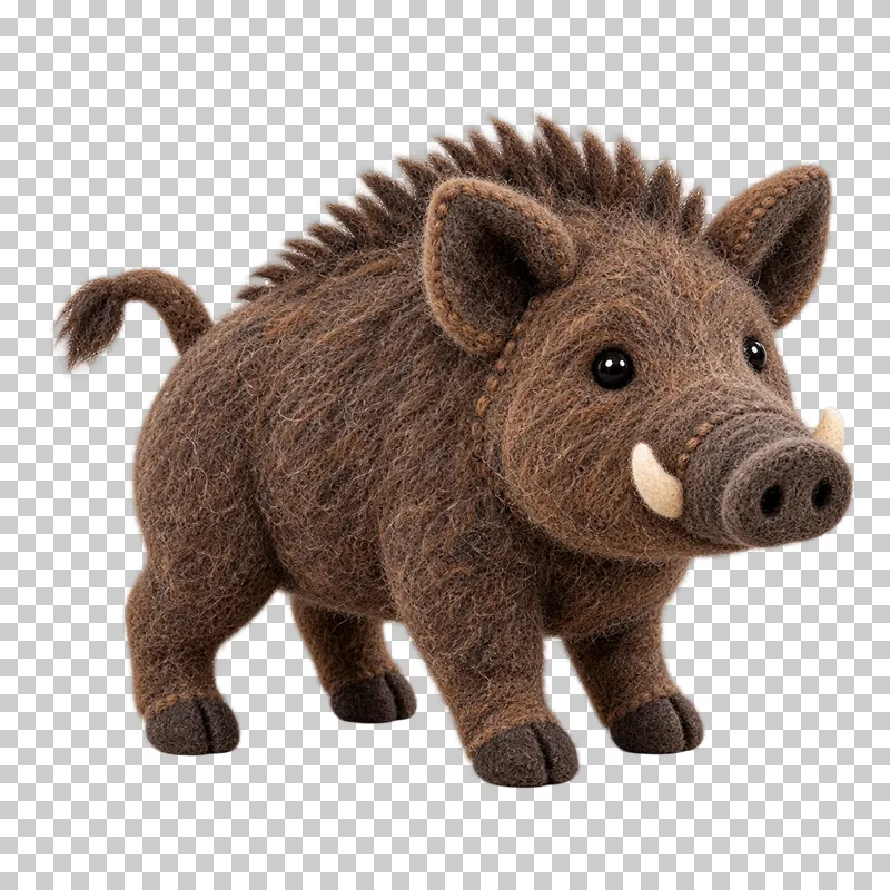 A brown felt wild boar with a broad snout, pointed ears and a bristly back.