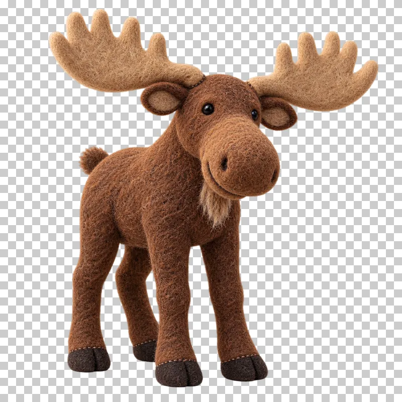 A brown felt moose with broad antlers, long legs and a large rounded muzzle.