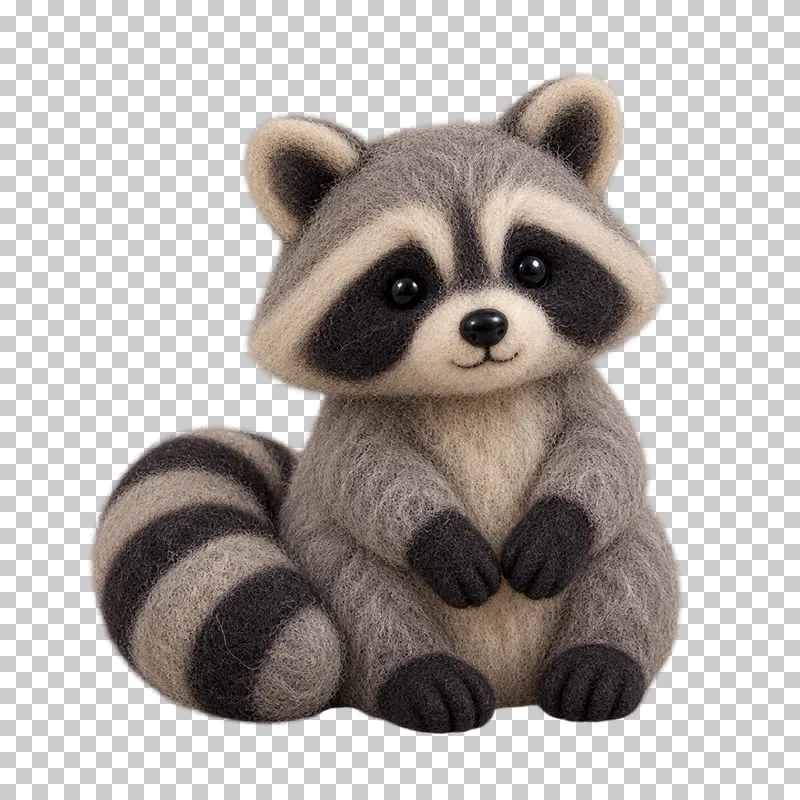A gray felt raccoon with a black eye mask and a ringed tail.