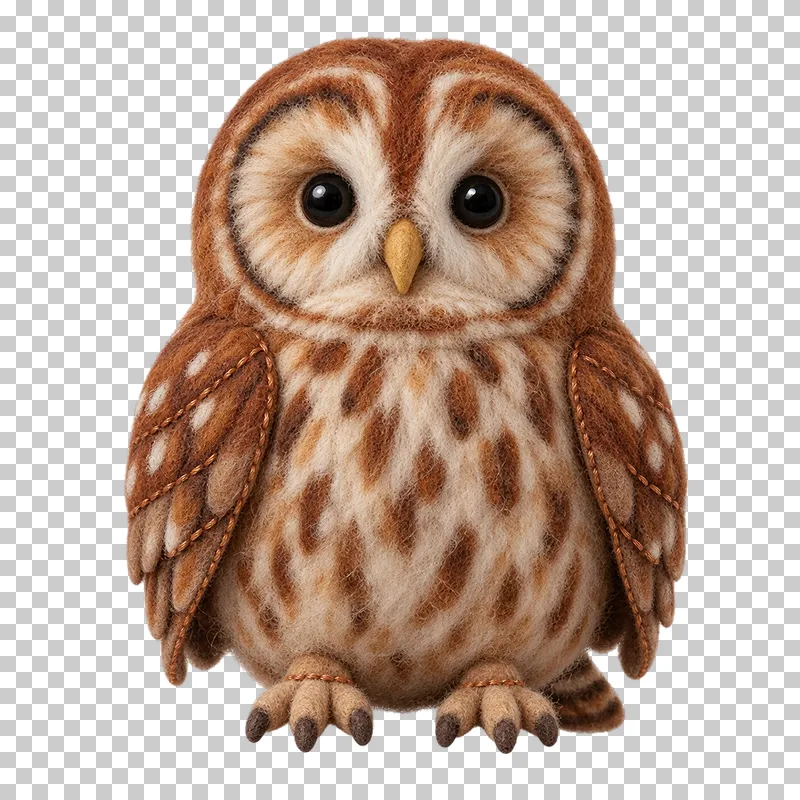 A brown felt tawny owl with a rounded head and layered wings.