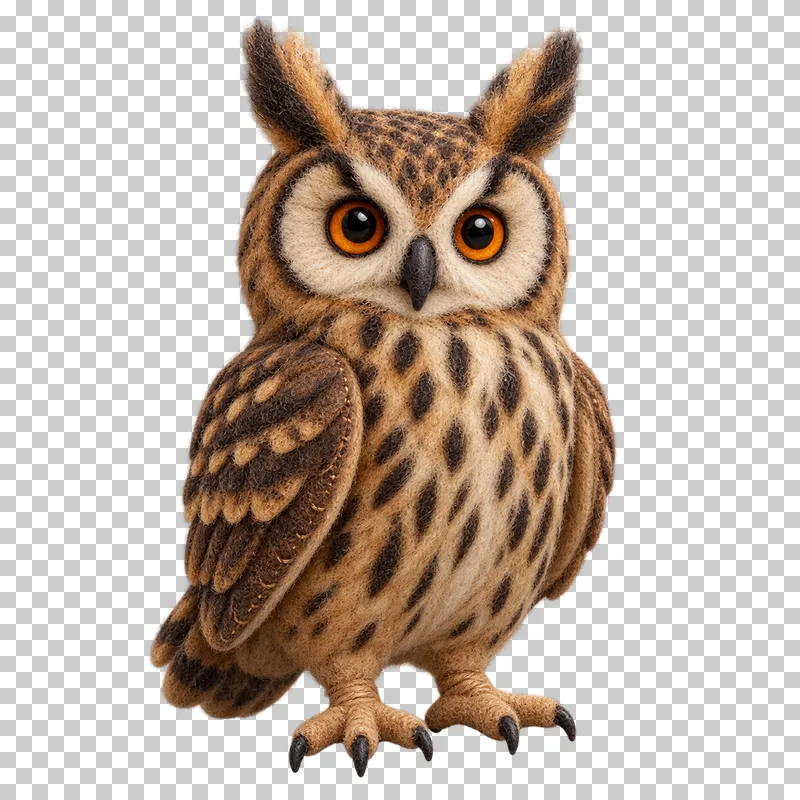 A brown felt eagle owl with prominent ear tufts and large orange eyes.