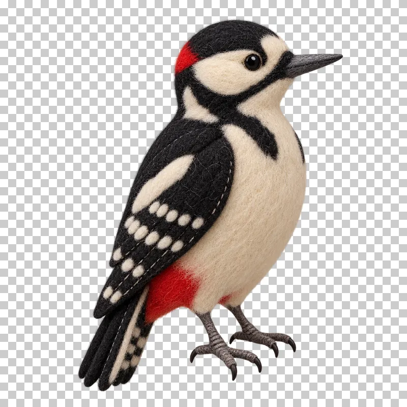 A black, white and red felt woodpecker with a pointed beak.