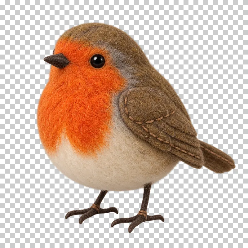 A small felt robin with a warm orange breast and brown wings.