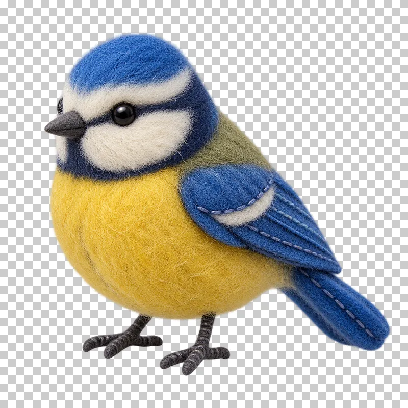 A felt blue tit with a blue cap and wings, white cheeks and a yellow belly.