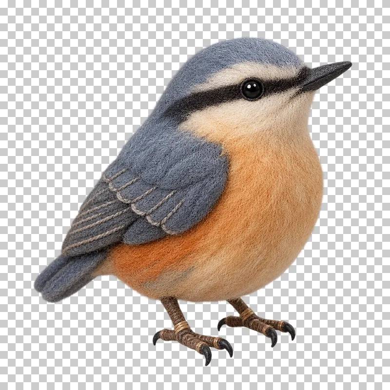 A felt nuthatch with a blue-gray back, a dark eye stripe and a warm buff belly.
