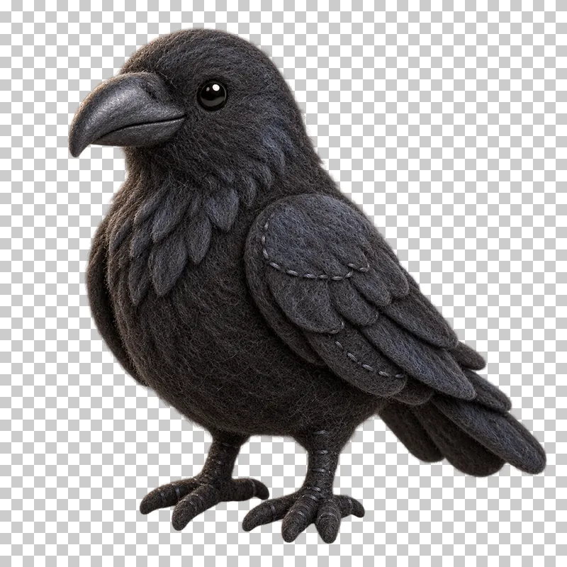 A black felt raven with a sturdy beak and layered dark wings.