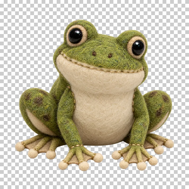 A green felt frog with rounded eyes and folded hind legs.