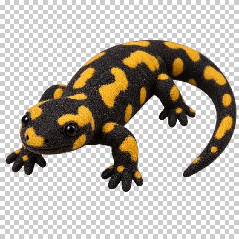 A black felt fire salamander with bright yellow markings and a long curved tail.