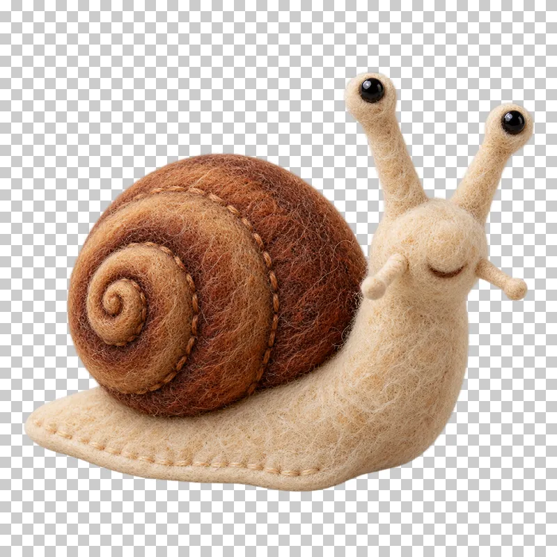 A felt snail with a spiral brown shell and two raised tentacles.