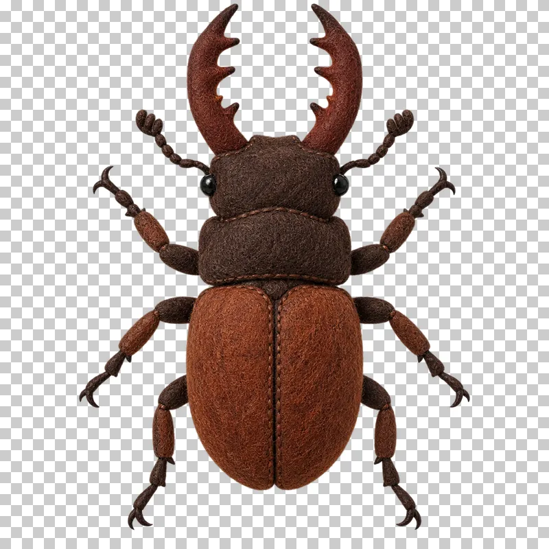 A dark felt stag beetle seen from above, with six legs and large branching mandibles.