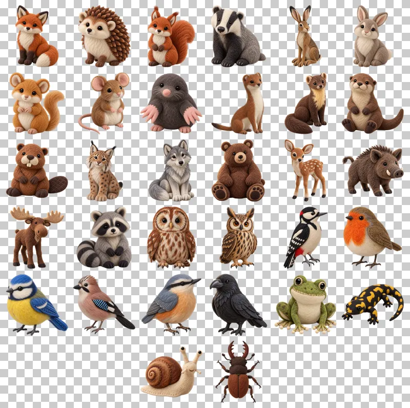 Felt Woodland Animals PNG Collection: all 32 elements in one grid