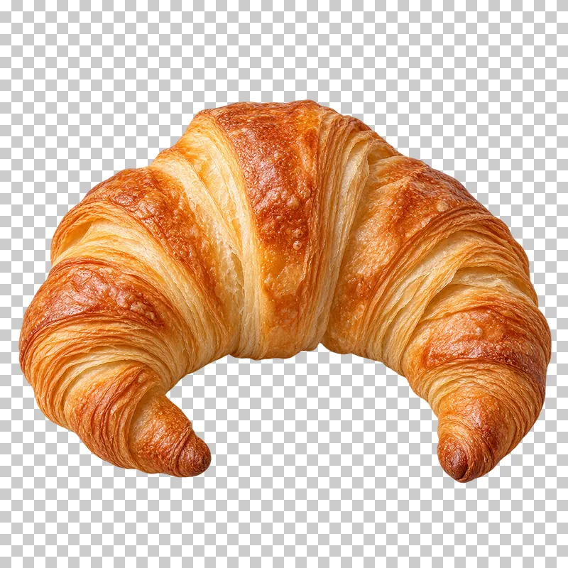 A golden butter croissant with a curved crescent shape and crisp laminated layers.