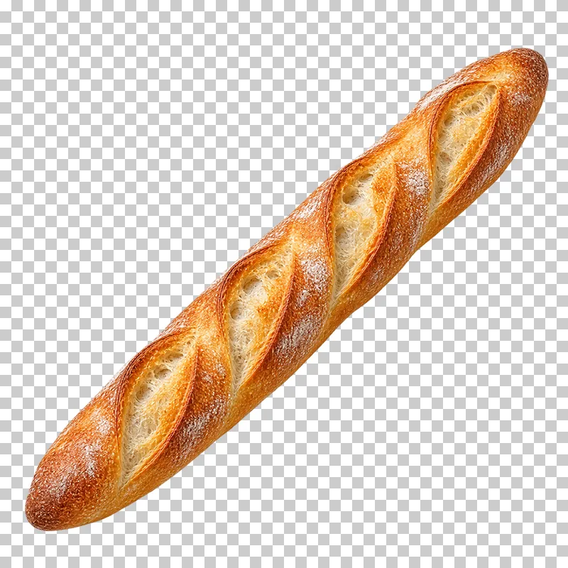 A whole French baguette with a golden crust, diagonal score cuts and a light dusting of flour.