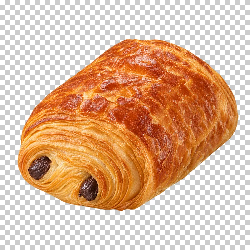 A golden pain au chocolat with flaky rolled layers and two visible chocolate baton ends.