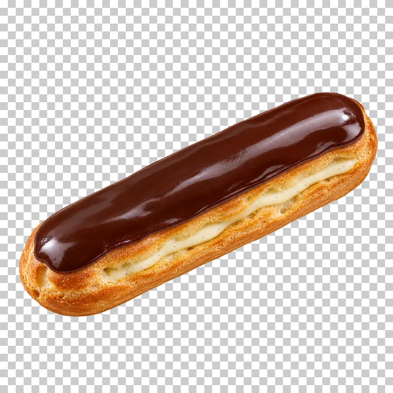 A chocolate éclair with a golden choux shell, vanilla cream and smooth dark chocolate icing.