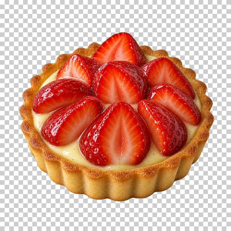A strawberry tartlet with a fluted golden shell, vanilla cream and glazed strawberry halves.