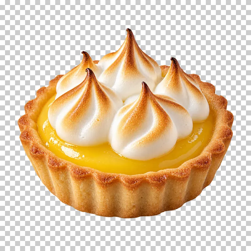 A lemon tartlet with a fluted crust, yellow lemon curd and toasted meringue peaks.