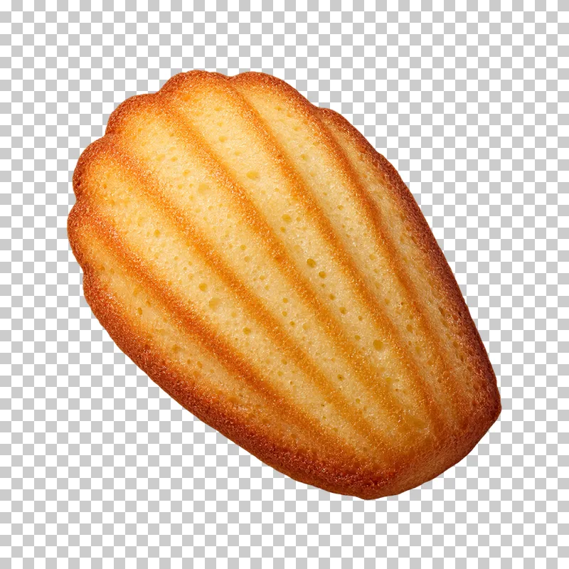 A golden madeleine with a scalloped shell shape, ridged surface and lightly browned edges.