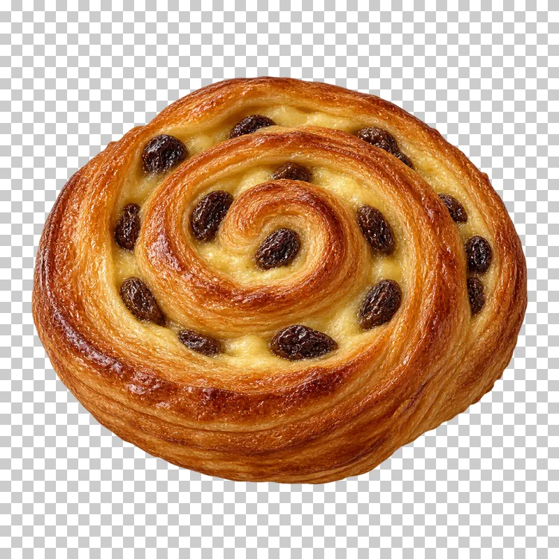 A spiral pain aux raisins with golden pastry, vanilla cream and dark raisins.