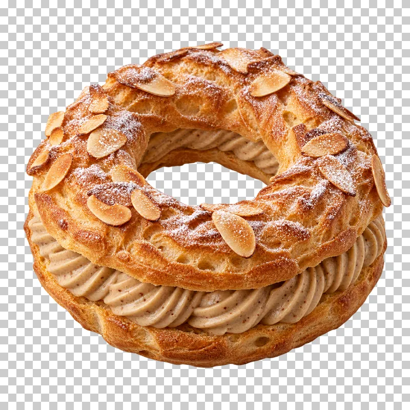 A Paris-Brest ring with golden choux pastry, praline cream, sliced almonds and icing sugar.