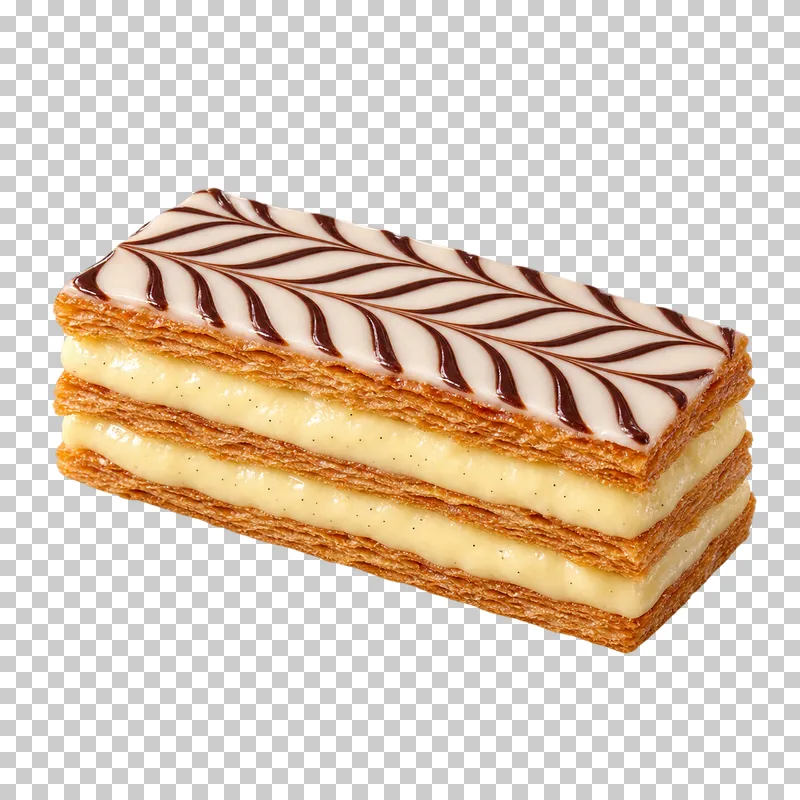 A rectangular mille-feuille with three puff pastry sheets, two vanilla cream layers and feathered chocolate icing.