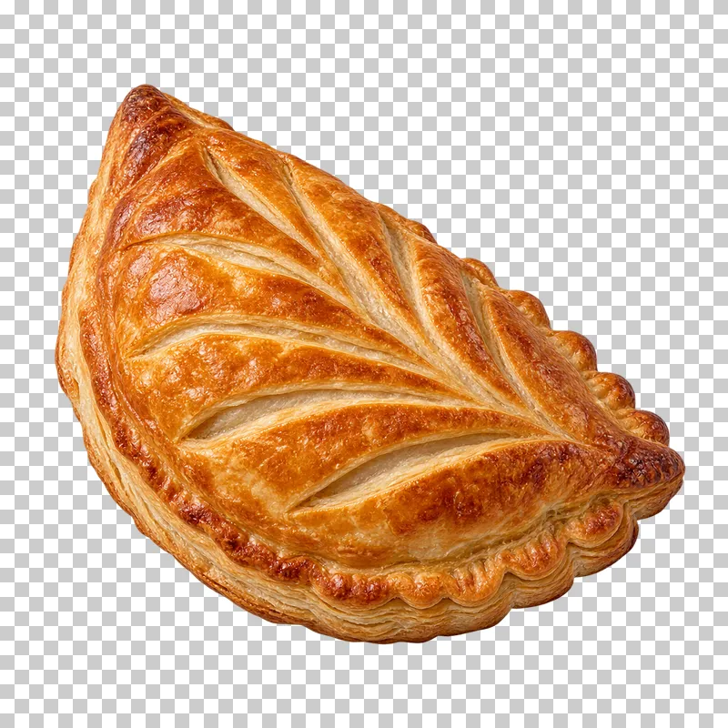A golden half-moon apple turnover with a sealed scalloped edge and leaf-like scoring.