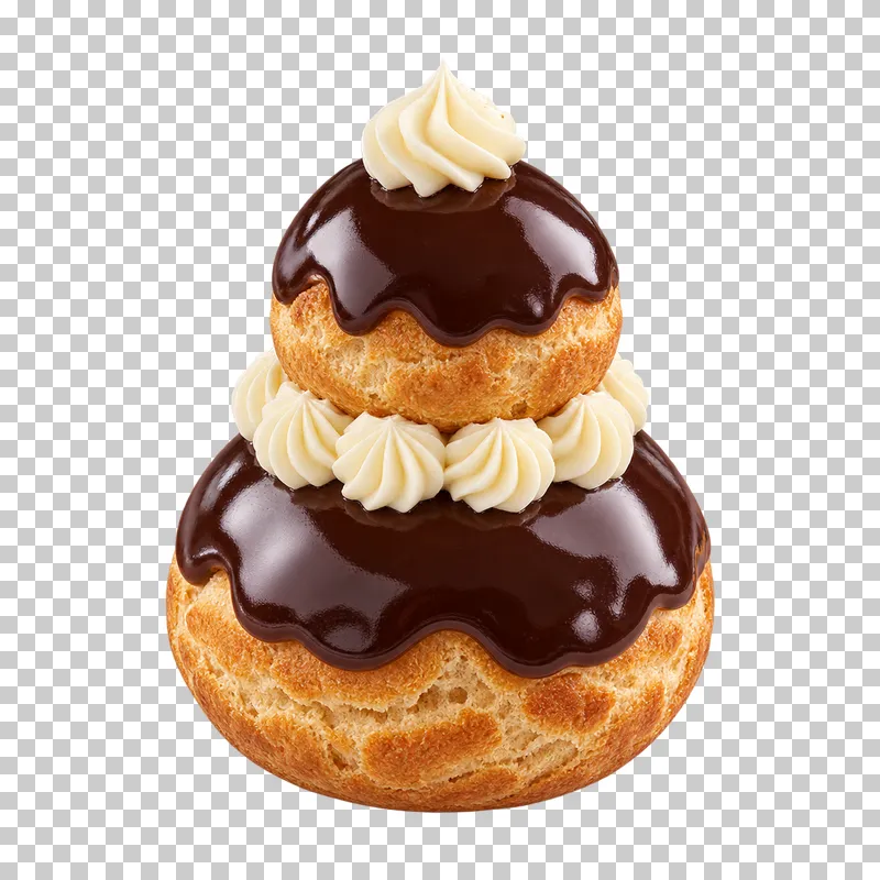 A chocolate religieuse with two stacked choux buns, dark chocolate icing and ivory cream rosettes.