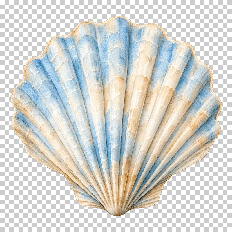 A watercolor scallop shell with radiating ridges in powder blue and sandy beige.