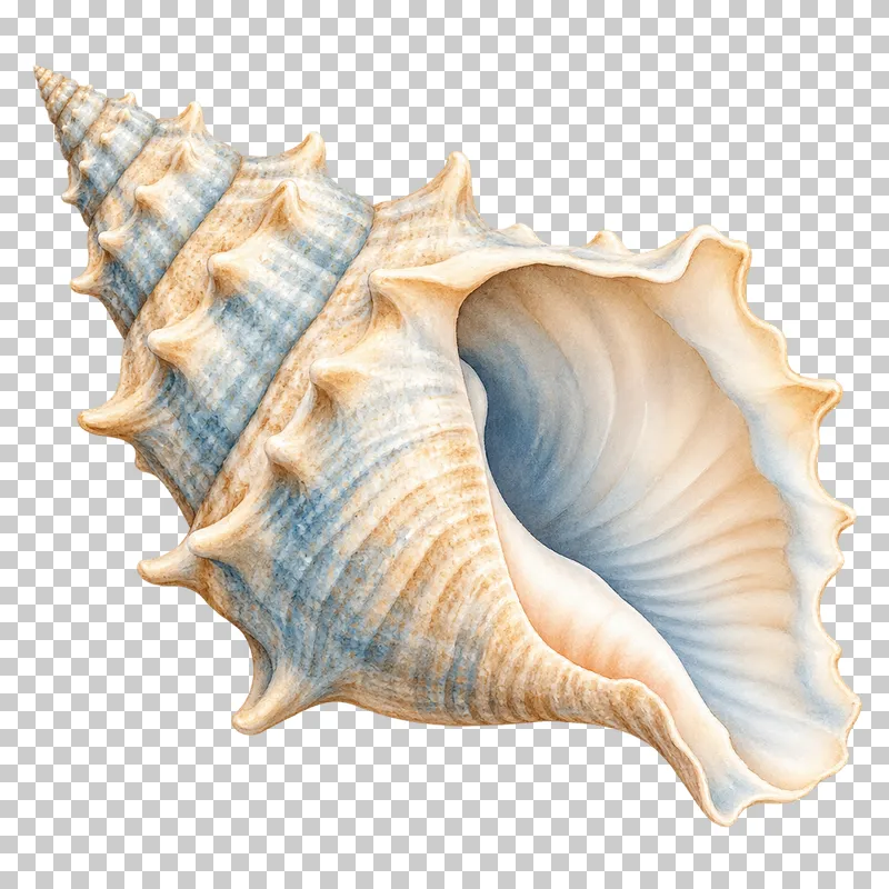 A watercolor conch shell with a curled spire and a pale open lip.