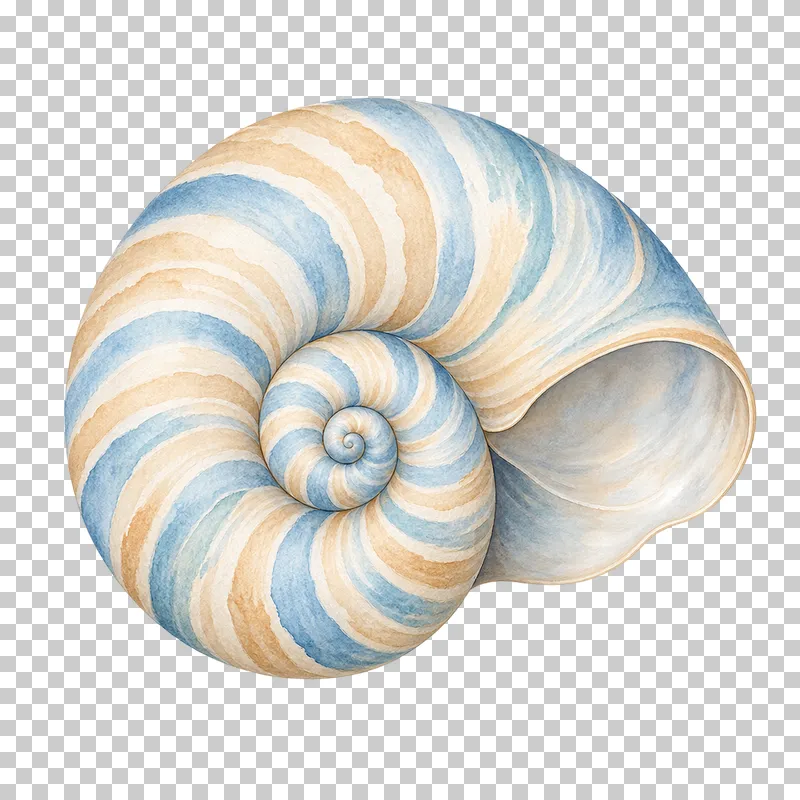 A watercolor nautilus shell with a rounded spiral in soft blue and beige.
