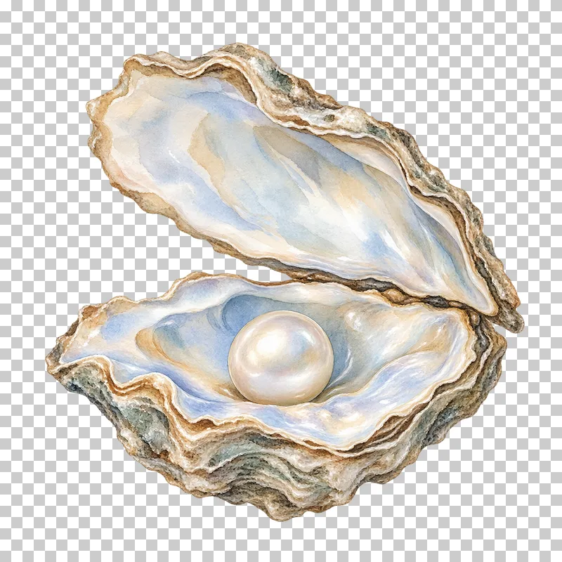 An open watercolor oyster shell holding a pale round pearl.