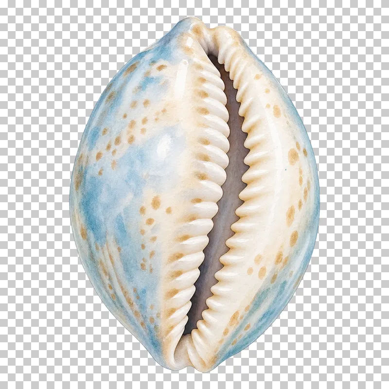 A smooth watercolor cowrie shell with a narrow toothed opening.