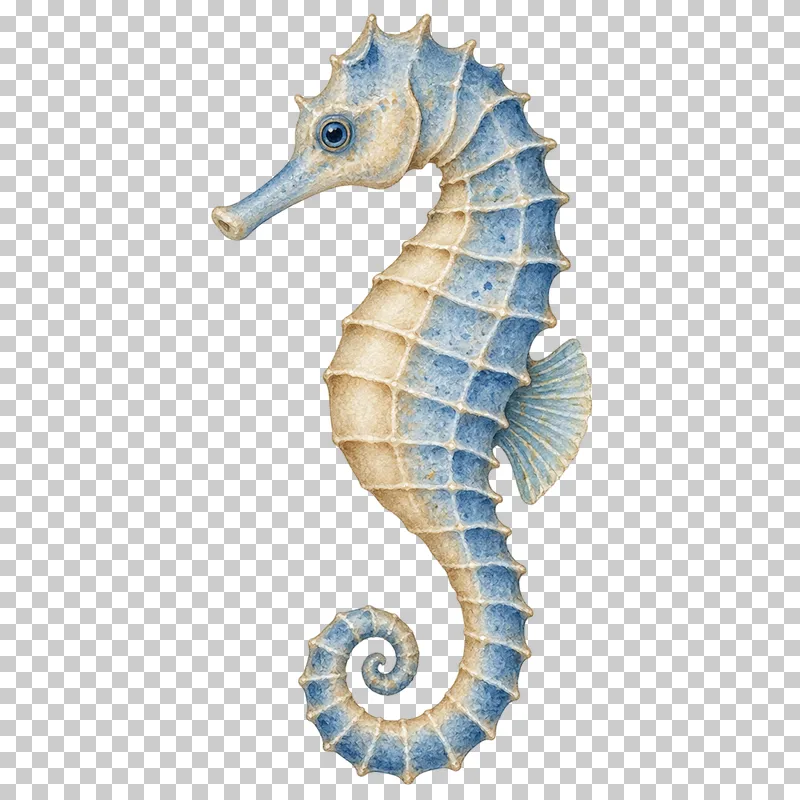 A pale blue watercolor seahorse with a curled tail and delicate fins.