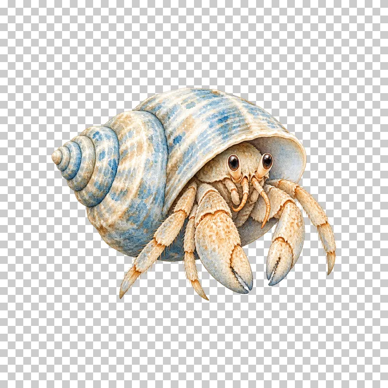 A watercolor hermit crab emerging from a spiral shell, with short antennae and visible claws.