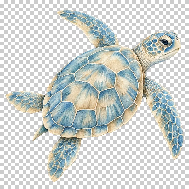 A watercolor sea turtle with a patterned shell and outstretched flippers.