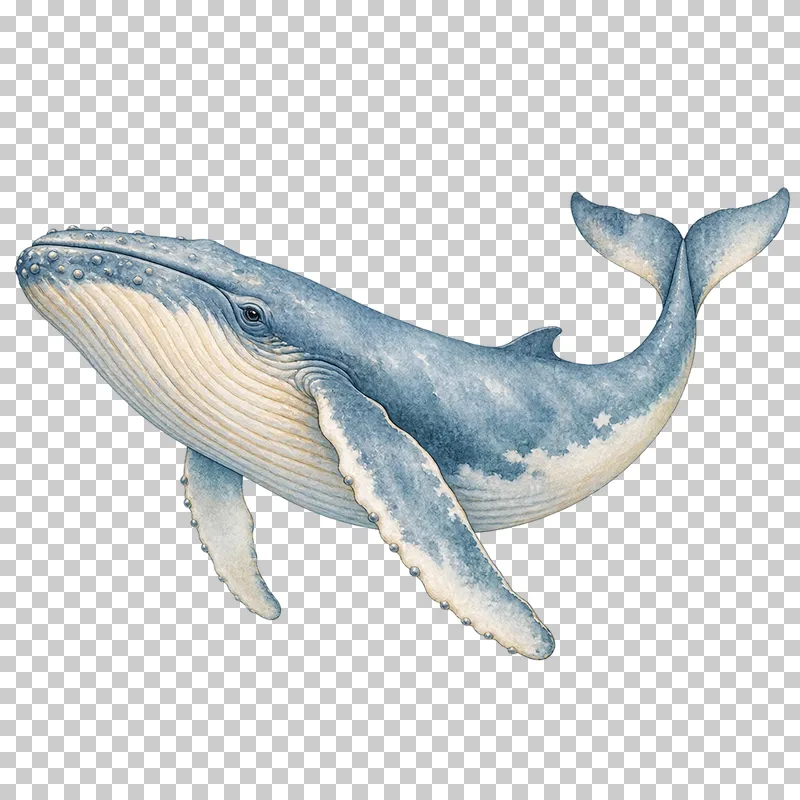 A blue watercolor whale with a broad body and curved tail flukes.