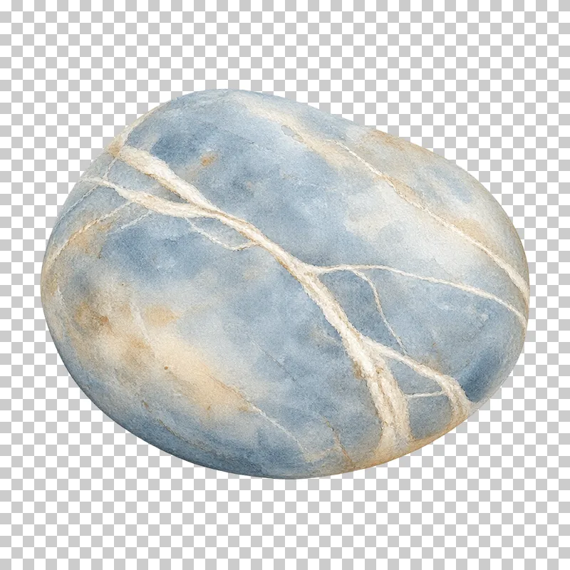 A smooth rounded beach pebble painted in muted blue and beige watercolor.