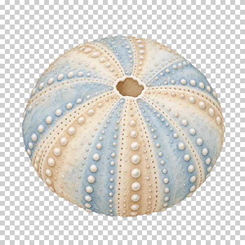 A round watercolor sea urchin shell with radiating dotted patterns.