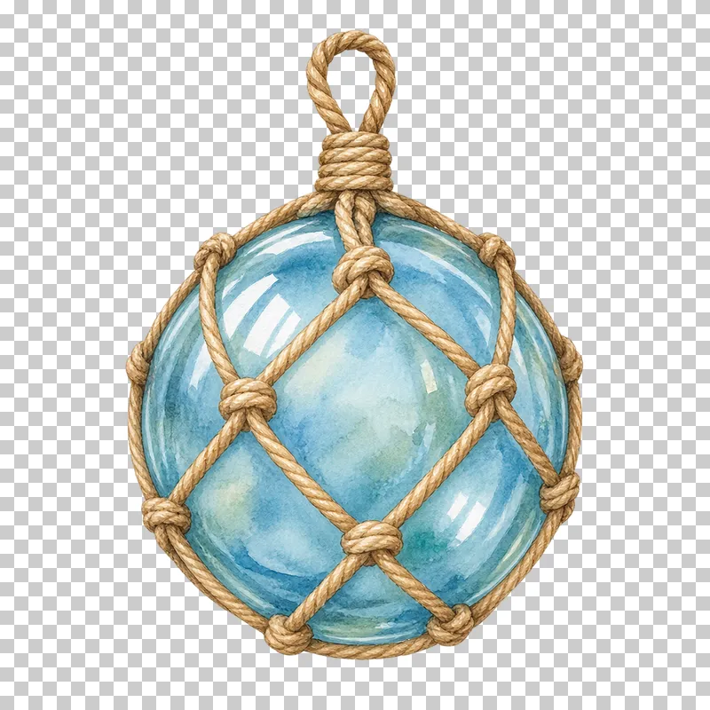A pale blue watercolor glass fishing float wrapped in knotted rope.
