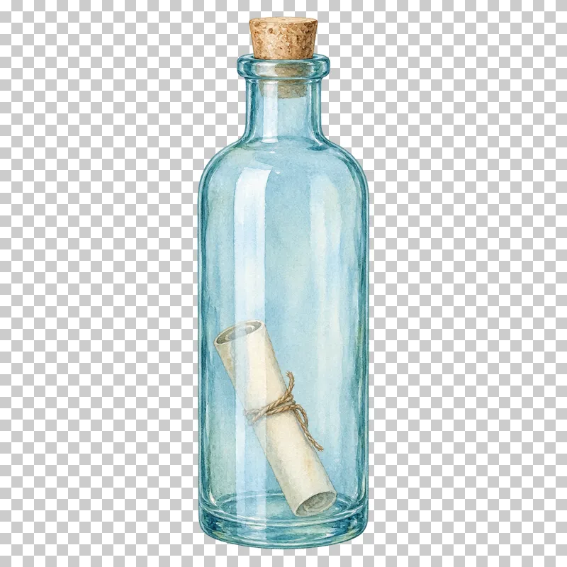 An upright pale blue watercolor bottle with a cork and a small rolled letter behind the front glass.