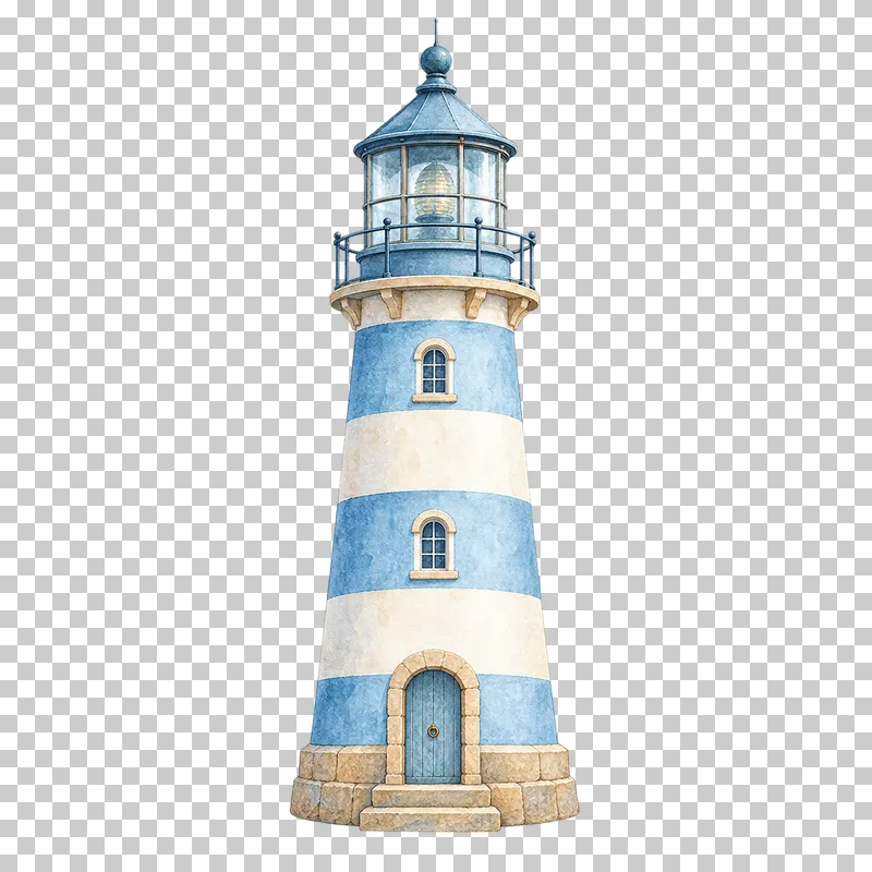 A watercolor coastal lighthouse with a lantern room and softly shaded walls.
