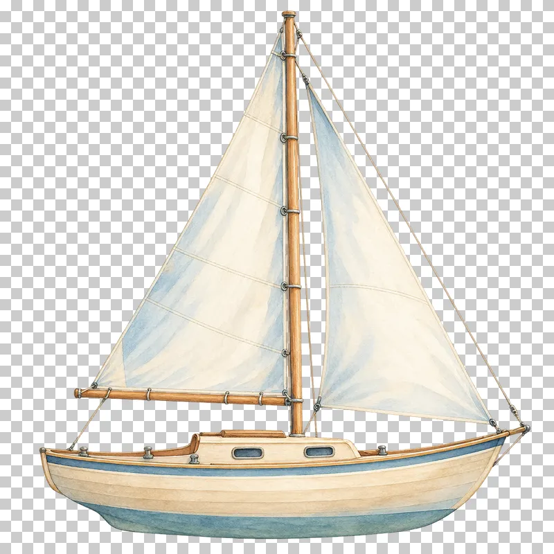 A watercolor sailboat with raised sails, a slender mast and a small hull.