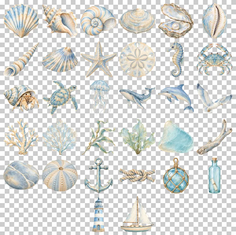 Seaside Treasures PNG Collection: all 32 elements in one grid