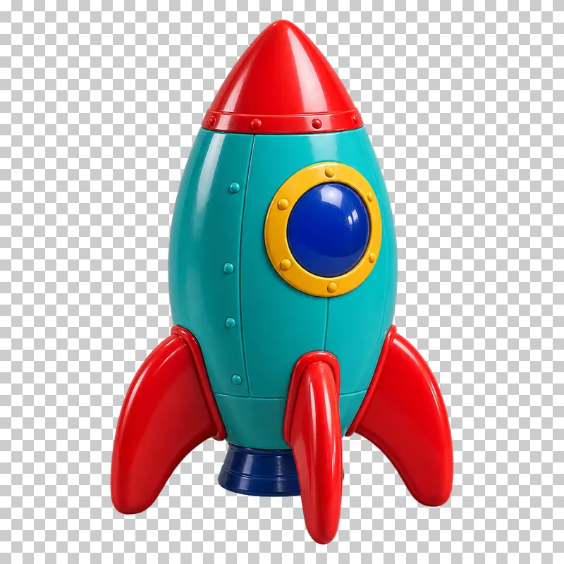 A glossy turquoise toy rocket with red fins, a red nose cone and a blue porthole in a yellow frame.