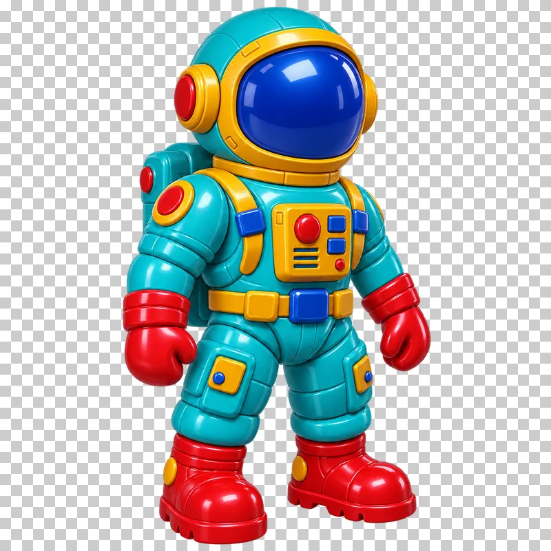A toy astronaut in a turquoise spacesuit with red gloves and boots, yellow fittings and a dark blue visor.