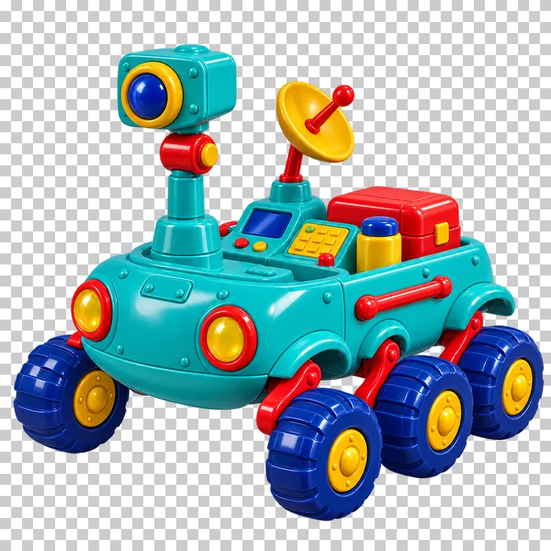 A turquoise lunar rover toy with blue wheels, yellow hubs, a camera mast and a small radar dish.
