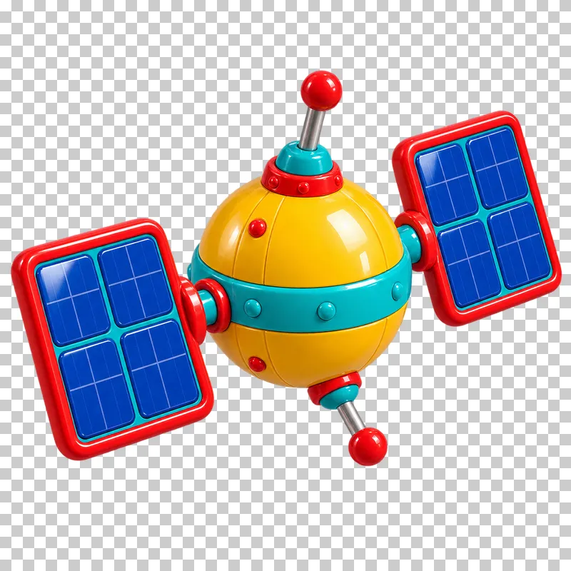 A yellow spherical toy satellite with turquoise trim, blue solar panels and red antenna tips.