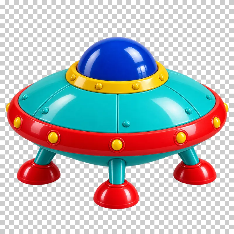 A turquoise flying saucer toy with a red rim, blue dome cockpit and three landing feet.