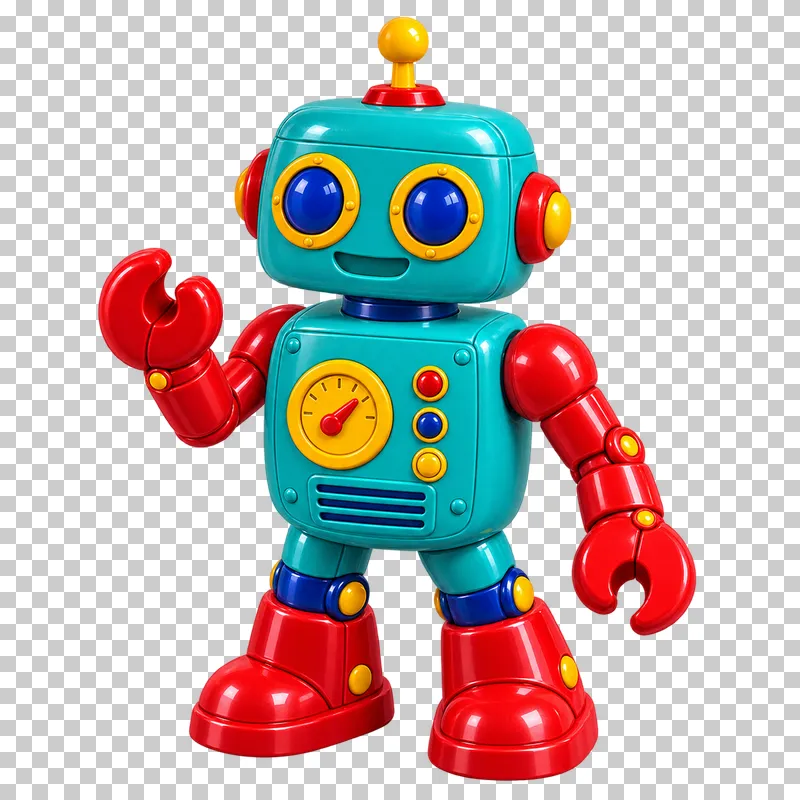 A turquoise toy robot with round blue eyes, red arms and boots, yellow dials and an antenna.