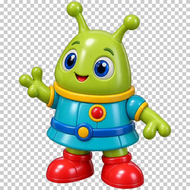 A smiling green alien toy with two antennae, a turquoise outfit and red boots.